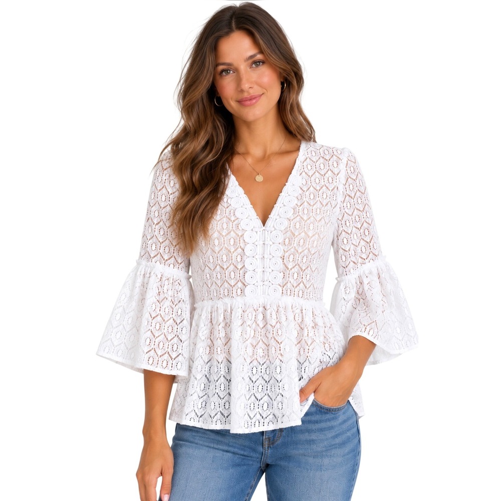NWT Lilly Pulitzer Inez Top Resort White Diamond Geo Lace V-Neck Peplum Small